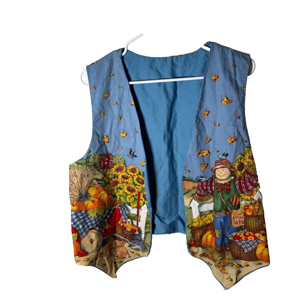 Fall Vest Women's XL Scarecrow Vintage Open Blue Harvest Farm Thanksgiving